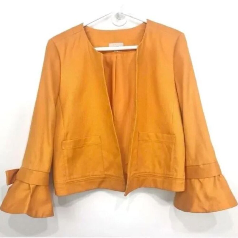 Loft Crop Blazer Women's Yellow Open Front Bow Bell Sleeves
